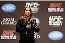 LAS VEGAS, NV - DECEMBER 28:  Liz Carmouche interacts with fans during a Q&A session before the UFC 155 weigh-in on December 28, 2012 at MGM Grand Garden Arena in Las Vegas, Nevada. (Photo by Josh Hedges/Zuffa LLC/Zuffa LLC via Getty Images)