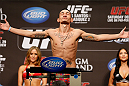LAS VEGAS, NV - DECEMBER 28:  Max Holloway weighs in during the UFC 155 weigh-in on December 28, 2012 at MGM Grand Garden Arena in Las Vegas, Nevada. (Photo by Josh Hedges/Zuffa LLC/Zuffa LLC via Getty Images)
