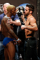 LAS VEGAS, NV - DECEMBER 28:  (L-R) Opponents Melvin Guillard and Jamie Varner face off during the UFC 155 weigh-in on December 28, 2012 at MGM Grand Garden Arena in Las Vegas, Nevada. (Photo by Josh Hedges/Zuffa LLC/Zuffa LLC via Getty Images)
