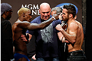 LAS VEGAS, NV - DECEMBER 28:  (L-R) Opponents Melvin Guillard and Jamie Varner face off during the UFC 155 weigh-in on December 28, 2012 at MGM Grand Garden Arena in Las Vegas, Nevada. (Photo by Josh Hedges/Zuffa LLC/Zuffa LLC via Getty Images)