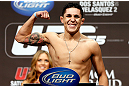 LAS VEGAS, NV - DECEMBER 28:  Erik Perez flexes during the UFC 155 weigh-in on December 28, 2012 at MGM Grand Garden Arena in Las Vegas, Nevada. (Photo by Josh Hedges/Zuffa LLC/Zuffa LLC via Getty Images)