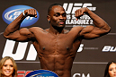 LAS VEGAS, NV - DECEMBER 28:  Derek Brunson flexes during the UFC 155 weigh-in on December 28, 2012 at MGM Grand Garden Arena in Las Vegas, Nevada. (Photo by Josh Hedges/Zuffa LLC/Zuffa LLC via Getty Images)