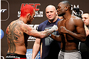 LAS VEGAS, NV - DECEMBER 28:  (L-R) Opponents Chris Leben and Derek Brunson face off during the UFC 155 weigh-in on December 28, 2012 at MGM Grand Garden Arena in Las Vegas, Nevada. (Photo by Josh Hedges/Zuffa LLC/Zuffa LLC via Getty Images)