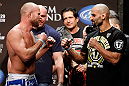 LAS VEGAS, NV - DECEMBER 28:  (L-R) Opponents Tim Boetsch and Constantinos Philippou face off during the UFC 155 weigh-in on December 28, 2012 at MGM Grand Garden Arena in Las Vegas, Nevada. (Photo by Josh Hedges/Zuffa LLC/Zuffa LLC via Getty Images)