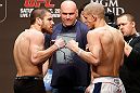 LAS VEGAS, NV - DECEMBER 28:  (L-R) Opponents Jim Miller and Joe Lauzon face off during the UFC 155 weigh-in on December 28, 2012 at MGM Grand Garden Arena in Las Vegas, Nevada. (Photo by Josh Hedges/Zuffa LLC/Zuffa LLC via Getty Images)