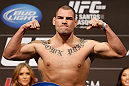 LAS VEGAS, NV - DECEMBER 28:  Cain Velasquez flexes during the UFC 155 weigh-in on December 28, 2012 at MGM Grand Garden Arena in Las Vegas, Nevada. (Photo by Josh Hedges/Zuffa LLC/Zuffa LLC via Getty Images)