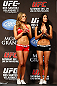 LAS VEGAS, NV - DECEMBER 28:  (L-R) UFC Octagon Girls Brittney Palmer and Arianny Celeste stand on stage during the UFC 155 weigh-in on December 28, 2012 at MGM Grand Garden Arena in Las Vegas, Nevada. (Photo by Josh Hedges/Zuffa LLC/Zuffa LLC via Getty Images)
