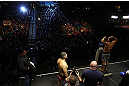 LAS VEGAS, NV - DECEMBER 28:  UFC Heavyweight Champion Junior dos Santos (R) weighs in during the UFC 155 weigh-in on December 28, 2012 at MGM Grand Garden Arena in Las Vegas, Nevada. (Photo by Josh Hedges/Zuffa LLC/Zuffa LLC via Getty Images)