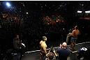 LAS VEGAS, NV - DECEMBER 28:  UFC Heavyweight Champion Junior dos Santos (R) weighs in during the UFC 155 weigh-in on December 28, 2012 at MGM Grand Garden Arena in Las Vegas, Nevada. (Photo by Josh Hedges/Zuffa LLC/Zuffa LLC via Getty Images)