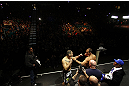 LAS VEGAS, NV - DECEMBER 28:  (R-L) UFC Heavyweight Champion Junior dos Santos and challenger Cain Velasquez face off during the UFC 155 weigh-in on December 28, 2012 at MGM Grand Garden Arena in Las Vegas, Nevada. (Photo by Josh Hedges/Zuffa LLC/Zuffa LLC via Getty Images)