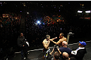 LAS VEGAS, NV - DECEMBER 28:  (R-L) UFC Heavyweight Champion Junior dos Santos and challenger Cain Velasquez face off during the UFC 155 weigh-in on December 28, 2012 at MGM Grand Garden Arena in Las Vegas, Nevada. (Photo by Josh Hedges/Zuffa LLC/Zuffa LLC via Getty Images)