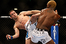 LAS VEGAS, NV - DECEMBER 29:  (L-R) Jamie Varner kicks Melvin Guillard during their lightweight fight at UFC 155 on December 29, 2012 at MGM Grand Garden Arena in Las Vegas, Nevada. (Photo by Josh Hedges/Zuffa LLC/Zuffa LLC via Getty Images) *** Local Caption *** Melvin Guillard; Jamie Varner