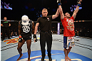 LAS VEGAS, NV - DECEMBER 29:  Jamie Varner (right) reacts to being declared the winner over Melvin Guillard (left) after their lightweight fight at UFC 155 on December 29, 2012 at MGM Grand Garden Arena in Las Vegas, Nevada. (Photo by Donald Miralle/Zuffa LLC/Zuffa LLC via Getty Images) *** Local Caption *** Melvin Guillard; Jamie Varner