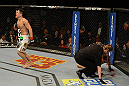 LAS VEGAS, NV - DECEMBER 29:  Erik Perez (left) reacts to his victory over Byron Bloodworth during their bantamweight fight at UFC 155 on December 29, 2012 at MGM Grand Garden Arena in Las Vegas, Nevada. (Photo by Donald Miralle/Zuffa LLC/Zuffa LLC via Getty Images) *** Local Caption *** Erik Perez; Byron Bloodworth