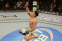 LAS VEGAS, NV - DECEMBER 29:  Erik Perez reacts to his victory over Byron Bloodworth after their bantamweight fight at UFC 155 on December 29, 2012 at MGM Grand Garden Arena in Las Vegas, Nevada. (Photo by Donald Miralle/Zuffa LLC/Zuffa LLC via Getty Images) *** Local Caption *** Erik Perez; Byron Bloodworth