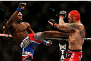 LAS VEGAS, NV - DECEMBER 29:  (L-R) Derek Brunson kicks Chris Leben during their middleweight fight at UFC 155 on December 29, 2012 at MGM Grand Garden Arena in Las Vegas, Nevada. (Photo by Josh Hedges/Zuffa LLC/Zuffa LLC via Getty Images) *** Local Caption *** Chris Leben; Derek Brunson