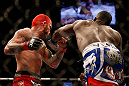 LAS VEGAS, NV - DECEMBER 29:  (R-L) Derek Brunson punches Chris Leben during their middleweight fight at UFC 155 on December 29, 2012 at MGM Grand Garden Arena in Las Vegas, Nevada. (Photo by Josh Hedges/Zuffa LLC/Zuffa LLC via Getty Images) *** Local Caption *** Chris Leben; Derek Brunson