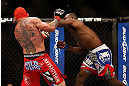 LAS VEGAS, NV - DECEMBER 29:  (R-L) Derek Brunson punches Chris Leben during their middleweight fight at UFC 155 on December 29, 2012 at MGM Grand Garden Arena in Las Vegas, Nevada. (Photo by Josh Hedges/Zuffa LLC/Zuffa LLC via Getty Images) *** Local Caption *** Chris Leben; Derek Brunson