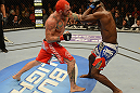 LAS VEGAS, NV - DECEMBER 29:  (L-R) Chris Leben punches Derek Brunson during their middleweight fight at UFC 155 on December 29, 2012 at MGM Grand Garden Arena in Las Vegas, Nevada. (Photo by Donald Miralle/Zuffa LLC/Zuffa LLC via Getty Images) *** Local Caption *** Chris Leben; Derek Brunson