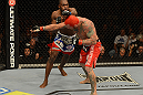 LAS VEGAS, NV - DECEMBER 29:  Derek Brunson (left) punches Chris Leben during their middleweight fight at UFC 155 on December 29, 2012 at MGM Grand Garden Arena in Las Vegas, Nevada. (Photo by Donald Miralle/Zuffa LLC/Zuffa LLC via Getty Images) *** Local Caption *** Chris Leben; Derek Brunson