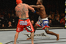 LAS VEGAS, NV - DECEMBER 29:  (R-L) Derek Brunson punches Chris Leben during their middleweight fight at UFC 155 on December 29, 2012 at MGM Grand Garden Arena in Las Vegas, Nevada. (Photo by Donald Miralle/Zuffa LLC/Zuffa LLC via Getty Images) *** Local Caption *** Chris Leben; Derek Brunson