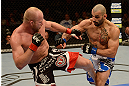 LAS VEGAS, NV - DECEMBER 29:  (L-R) Tim Boetsch kicks Constantinos Philippou during their middleweight fight at UFC 155 on December 29, 2012 at MGM Grand Garden Arena in Las Vegas, Nevada. (Photo by Donald Miralle/Zuffa LLC/Zuffa LLC via Getty Images) *** Local Caption *** Tim Boetsch; Constantinos Philippou