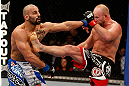 LAS VEGAS, NV - DECEMBER 29:  (R-L) Tim Boetsch kicks Constantinos Philippou during their middleweight fight at UFC 155 on December 29, 2012 at MGM Grand Garden Arena in Las Vegas, Nevada. (Photo by Josh Hedges/Zuffa LLC/Zuffa LLC via Getty Images) *** Local Caption *** Tim Boetsch; Constantinos Philippou