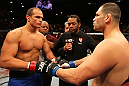 LAS VEGAS, NV - DECEMBER 29: Junior dos Santos (left) and Cain Velasquez (right) touch gloves before their heavyweight championship fight at UFC 155 on December 29, 2012 at MGM Grand Garden Arena in Las Vegas, Nevada. (Photo by Josh Hedges/Zuffa LLC/Zuffa LLC via Getty Images) *** Local Caption *** Junior dos Santos; Cain Velasquez