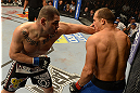 LAS VEGAS, NV - DECEMBER 29:  (L-R) Cain Velasquez punches Junior dos Santos during their heavyweight championship fight at UFC 155 on December 29, 2012 at MGM Grand Garden Arena in Las Vegas, Nevada. (Photo by Donald Miralle/Zuffa LLC/Zuffa LLC via Getty Images) *** Local Caption *** Junior dos Santos; Cain Velasquez