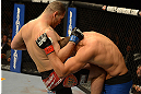 LAS VEGAS, NV - DECEMBER 29:  (L-R) Cain Velasquez knees Junior dos Santos during their heavyweight championship fight at UFC 155 on December 29, 2012 at MGM Grand Garden Arena in Las Vegas, Nevada. (Photo by Donald Miralle/Zuffa LLC/Zuffa LLC via Getty Images) *** Local Caption *** Junior dos Santos; Cain Velasquez