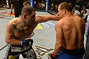LAS VEGAS, NV - DECEMBER 29:  (L-R) Cain Velasquez punches Junior dos Santos during their heavyweight championship fight at UFC 155 on December 29, 2012 at MGM Grand Garden Arena in Las Vegas, Nevada. (Photo by Donald Miralle/Zuffa LLC/Zuffa LLC via Getty Images) *** Local Caption *** Junior dos Santos; Cain Velasquez