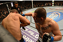 LAS VEGAS, NV - DECEMBER 29:  (R-L) Cain Velasquez punches Junior dos Santos during their heavyweight championship fight at UFC 155 on December 29, 2012 at MGM Grand Garden Arena in Las Vegas, Nevada. (Photo by Donald Miralle/Zuffa LLC/Zuffa LLC via Getty Images) *** Local Caption *** Junior dos Santos; Cain Velasquez