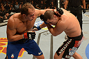 LAS VEGAS, NV - DECEMBER 29:  (L-R) Junior dos Santos punches Cain Velasquez during their heavyweight championship fight at UFC 155 on December 29, 2012 at MGM Grand Garden Arena in Las Vegas, Nevada. (Photo by Donald Miralle/Zuffa LLC/Zuffa LLC via Getty Images) *** Local Caption *** Junior dos Santos; Cain Velasquez