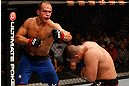 LAS VEGAS, NV - DECEMBER 29:  (L-R) Junior dos Santos punches Cain Velasquez during their heavyweight championship fight at UFC 155 on December 29, 2012 at MGM Grand Garden Arena in Las Vegas, Nevada. (Photo by Josh Hedges/Zuffa LLC/Zuffa LLC via Getty Images) *** Local Caption *** Junior dos Santos; Cain Velasquez