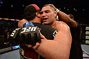 LAS VEGAS, NV - DECEMBER 29:  Cain Velasquez reacts to his victory over Junior dos Santos after their heavyweight championship fight at UFC 155 on December 29, 2012 at MGM Grand Garden Arena in Las Vegas, Nevada. (Photo by Donald Miralle/Zuffa LLC/Zuffa LLC via Getty Images) *** Local Caption *** Junior dos Santos; Cain Velasquez