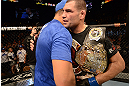 LAS VEGAS, NV - DECEMBER 29:  (R-L) Cain Velasquez and Junior dos Santos congratulate eachother after their heavyweight championship fight at UFC 155 on December 29, 2012 at MGM Grand Garden Arena in Las Vegas, Nevada. (Photo by Donald Miralle/Zuffa LLC/Zuffa LLC via Getty Images) *** Local Caption *** Junior dos Santos; Cain Velasquez