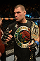 LAS VEGAS, NV - DECEMBER 29:  Cain Velasquez reacts to his victory after his heavyweight championship fight against Junior dos Santos at UFC 155 on December 29, 2012 at MGM Grand Garden Arena in Las Vegas, Nevada. (Photo by Donald Miralle/Zuffa LLC/Zuffa LLC via Getty Images) *** Local Caption *** Junior dos Santos; Cain Velasquez