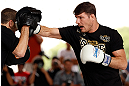 SAO PAULO, BRAZIL - JANUARY 16:  Michael Bisping participates in an open workout session for media and fans on January 16, 2013 at Parque Anhangabau in Sao Paulo, Brazil. (Photo by Josh Hedges/Zuffa LLC/Zuffa LLC via Getty Images)