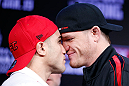 SAO PAULO, BRAZIL - JANUARY 17:  (L-R) Opponents Daniel Sarafian and C.B. Dolloway face off during a UFC press conference on January 17, 2013 at the Hilton Hotel in Sao Paulo, Brazil. (Photo by Josh Hedges/Zuffa LLC/Zuffa LLC via Getty Images)