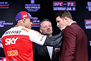 SAO PAULO, BRAZIL - JANUARY 17:  Opponents Vitor Belfort (L) and Michael Bisping (R) face off during a UFC press conference on January 17, 2013 at the Hilton Hotel in Sao Paulo, Brazil. (Photo by Josh Hedges/Zuffa LLC/Zuffa LLC via Getty Images)