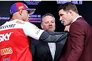 SAO PAULO, BRAZIL - JANUARY 17:  Opponents Vitor Belfort (L) and Michael Bisping (R) face off during a UFC press conference on January 17, 2013 at the Hilton Hotel in Sao Paulo, Brazil. (Photo by Josh Hedges/Zuffa LLC/Zuffa LLC via Getty Images)
