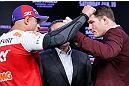 SAO PAULO, BRAZIL - JANUARY 17:  Opponents Vitor Belfort (L) and Michael Bisping (R) face off during a UFC press conference on January 17, 2013 at the Hilton Hotel in Sao Paulo, Brazil. (Photo by Josh Hedges/Zuffa LLC/Zuffa LLC via Getty Images)