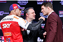 SAO PAULO, BRAZIL - JANUARY 17:  Opponents Vitor Belfort (L) and Michael Bisping (R) face off during a UFC press conference on January 17, 2013 at the Hilton Hotel in Sao Paulo, Brazil. (Photo by Josh Hedges/Zuffa LLC/Zuffa LLC via Getty Images)
