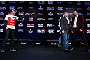 SAO PAULO, BRAZIL - JANUARY 17:  Opponents Vitor Belfort (L) and Michael Bisping (R) are separated after a heated face off during a UFC press conference on January 17, 2013 at the Hilton Hotel in Sao Paulo, Brazil. (Photo by Josh Hedges/Zuffa LLC/Zuffa LLC via Getty Images)