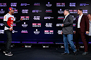 SAO PAULO, BRAZIL - JANUARY 17:  Opponents Vitor Belfort (L) and Michael Bisping (R) are separated after a heated face off during a UFC press conference on January 17, 2013 at the Hilton Hotel in Sao Paulo, Brazil. (Photo by Josh Hedges/Zuffa LLC/Zuffa LLC via Getty Images)