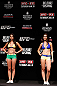 SAO PAULO, BRAZIL - JANUARY 18:  (L-R) UFC Octagon Girls Camila Rodrigues de Oliveira and Aline Caroline Franzoi stand on stage during the UFC on FX official weigh-in event on January 18, 2013 at Ibirapuera Gymnasium in Sao Paulo, Brazil. (Photo by Josh Hedges/Zuffa LLC/Zuffa LLC via Getty Images)