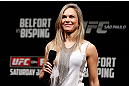 SAO PAULO, BRAZIL - JANUARY 18:  Paula Sack hosts a Q&A session before the UFC on FX official weigh-in event on January 18, 2013 at Ibirapuera Gymnasium in Sao Paulo, Brazil. (Photo by Josh Hedges/Zuffa LLC/Zuffa LLC via Getty Images)