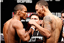 SAO PAULO, BRAZIL - JANUARY 18:  (L-R) Opponents Francisco Trinaldo and C.J. Keith face off during the UFC on FX official weigh-in event on January 18, 2013 at Ibirapuera Gymnasium in Sao Paulo, Brazil. (Photo by Josh Hedges/Zuffa LLC/Zuffa LLC via Getty Images)