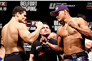 SAO PAULO, BRAZIL - JANUARY 18:  (L-R) Opponents Wagner Prado and Ildemar Alcantara face off during the UFC on FX official weigh-in event on January 18, 2013 at Ibirapuera Gymnasium in Sao Paulo, Brazil. (Photo by Josh Hedges/Zuffa LLC/Zuffa LLC via Getty Images)