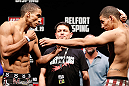 SAO PAULO, BRAZIL - JANUARY 18:  (L-R) Opponents Edson Barboza and Lucas Martins face off during the UFC on FX official weigh-in event on January 18, 2013 at Ibirapuera Gymnasium in Sao Paulo, Brazil. (Photo by Josh Hedges/Zuffa LLC/Zuffa LLC via Getty Images)